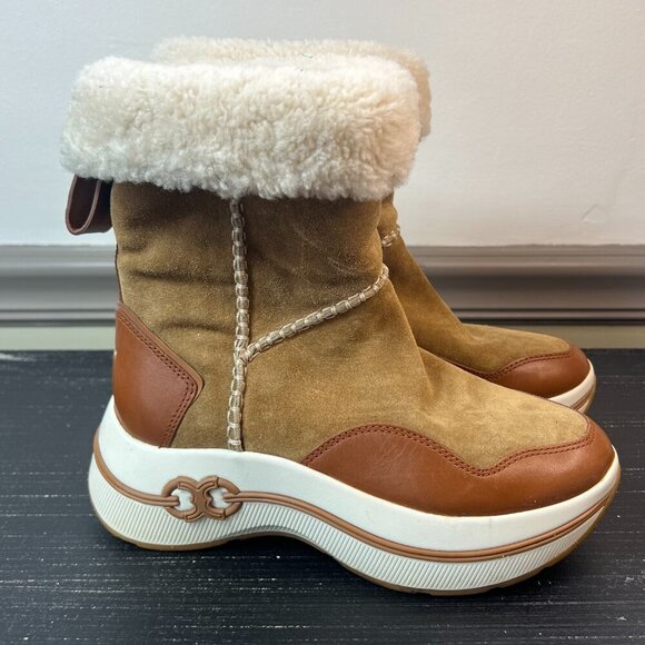 Tory Burch Gemini Link Platform Boots Women Size 5.5 Suede Winter Sheep Fur - Picture 4 of 12